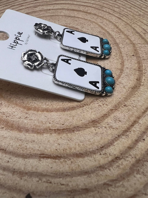 Ace of Spaces and Faux Turquoise Earrings - 2 inch drop - Cowhide and Conchos