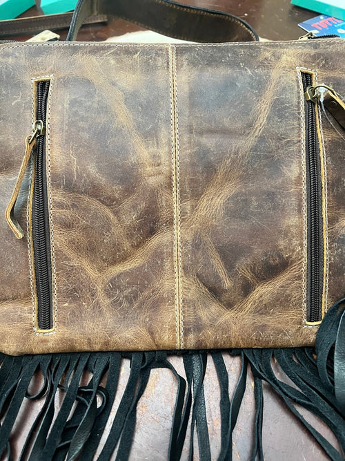 Ace of Spades Crossbody Purse with Genuine Hair on Hide and Fringe - Cowhide and Conchos