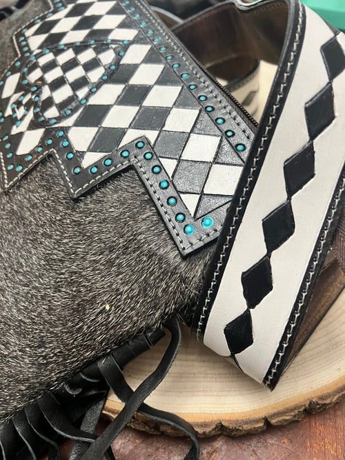 Ace of Spades Crossbody Purse with Genuine Hair on Hide and Fringe - Cowhide and Conchos
