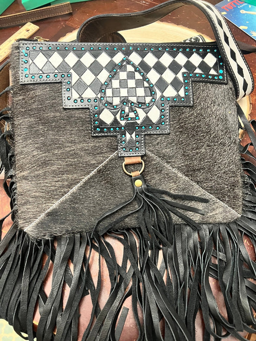 Ace of Spades Crossbody Purse with Genuine Hair on Hide and Fringe - Cowhide and Conchos