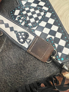 Ace of Spades Crossbody Purse with Genuine Hair on Hide and Fringe - Cowhide and Conchos
