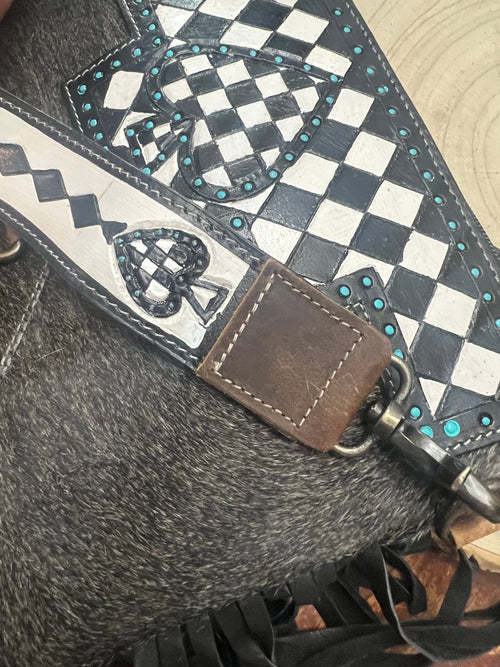 Ace of Spades Crossbody Purse with Genuine Hair on Hide and Fringe - Cowhide and Conchos