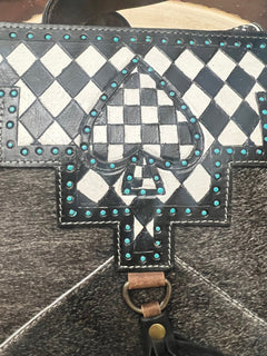 Ace of Spades Crossbody Purse with Genuine Hair on Hide and Fringe - Cowhide and Conchos