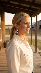 Ace of Spades Western Earrings with Faux Turquoise — 2" Drop - Cowhide and Conchos