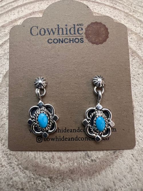 Adelarae Yazzie Navajo Handmade Sterling & Kingman Turquoise Earrings - 3/4 inch drop - Cowhide and Conchos