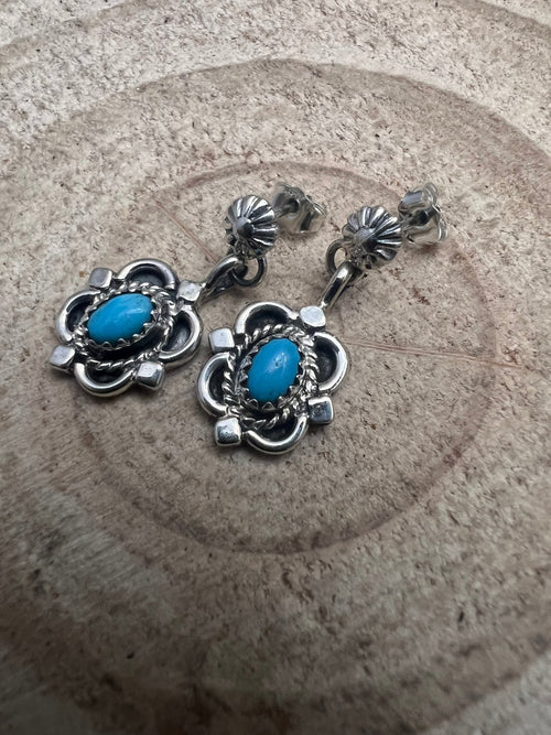 Adelarae Yazzie Navajo Handmade Sterling & Kingman Turquoise Earrings - 3/4 inch drop - Cowhide and Conchos