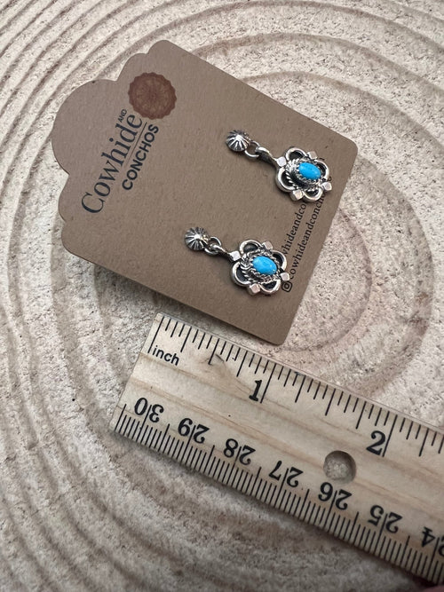 Adelarae Yazzie Navajo Handmade Sterling & Kingman Turquoise Earrings - 3/4 inch drop - Cowhide and Conchos