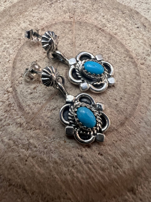 Adelarae Yazzie Navajo Handmade Sterling & Kingman Turquoise Earrings - 3/4 inch drop - Cowhide and Conchos