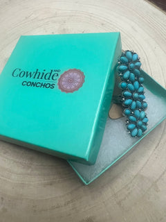 Adjustable Faux Turquoise Cluster Ring - Adjustable Cuff Ring Band - Cowhide and Conchos