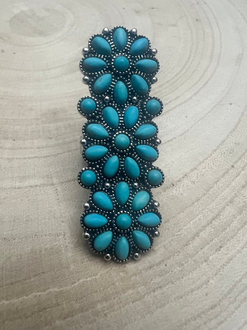 Adjustable Faux Turquoise Cluster Ring - Adjustable Cuff Ring Band - Cowhide and Conchos