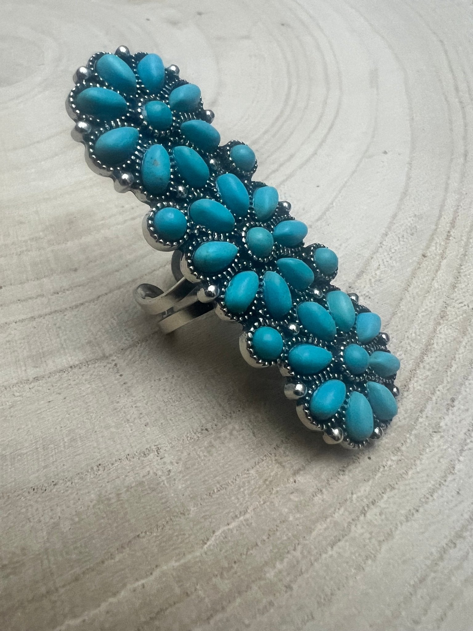Adjustable Faux Turquoise Cluster Ring - Adjustable Cuff Ring Band - Cowhide and Conchos