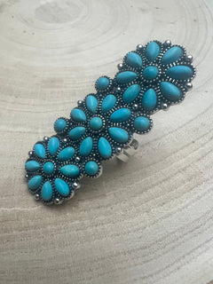 Adjustable Faux Turquoise Cluster Ring - Adjustable Cuff Ring Band - Cowhide and Conchos