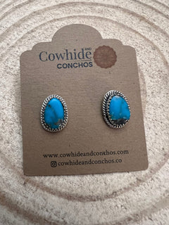 Alice Sanders Navajo Handmade Sterling & Kingman Turquoise Post Earrings - Cowhide and Conchos
