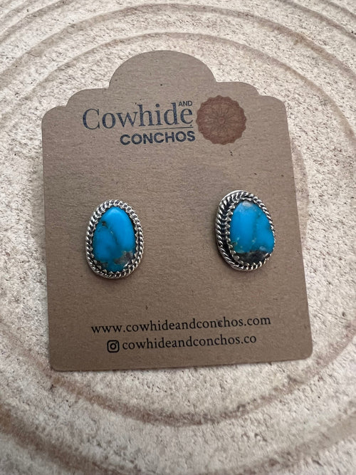 Alice Sanders Navajo Handmade Sterling & Kingman Turquoise Post Earrings - Cowhide and Conchos