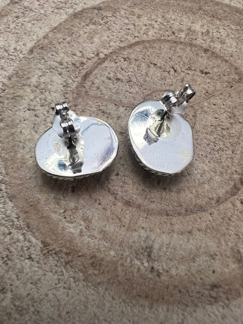 Alice Sanders Navajo Handmade Sterling & Kingman Turquoise Post Earrings - Cowhide and Conchos