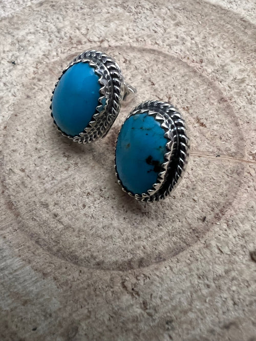 Alice Sanders Navajo Handmade Sterling & Kingman Turquoise Post Earrings - Cowhide and Conchos