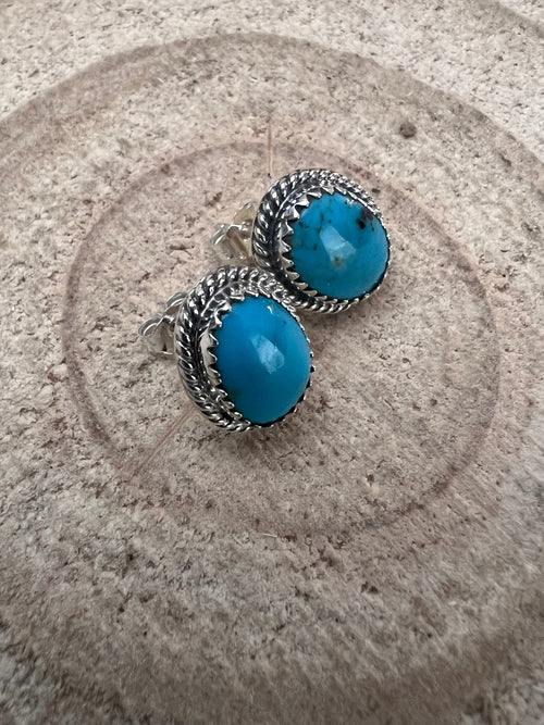 Alice Sanders Navajo Handmade Sterling & Kingman Turquoise Post Earrings - Cowhide and Conchos