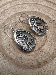 Allen Lee Navajo Handmade Kokopelli Sterling Silver Earrings - Cowhide and Conchos