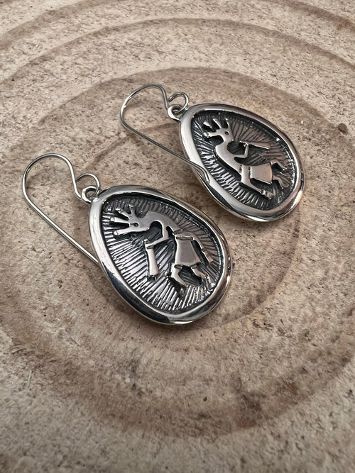Allen Lee Navajo Handmade Kokopelli Sterling Silver Earrings - Cowhide and Conchos