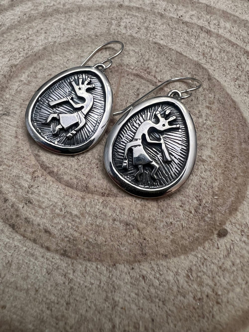 Allen Lee Navajo Handmade Kokopelli Sterling Silver Earrings - Cowhide and Conchos
