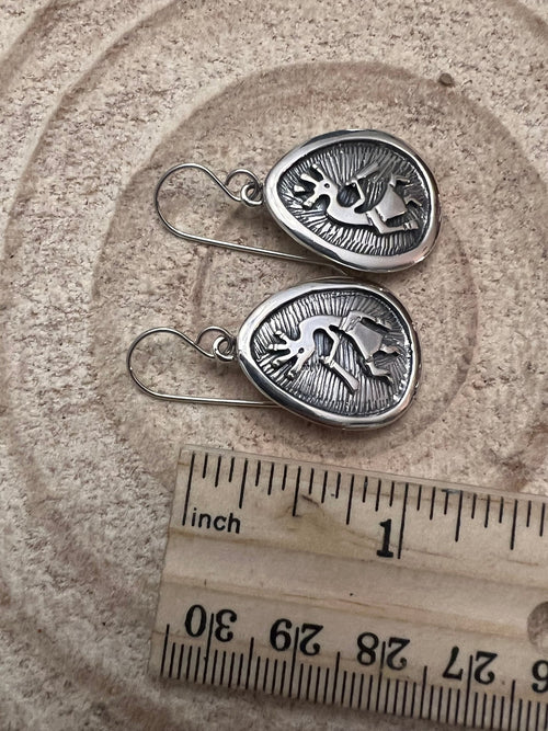 Allen Lee Navajo Handmade Kokopelli Sterling Silver Earrings - Cowhide and Conchos