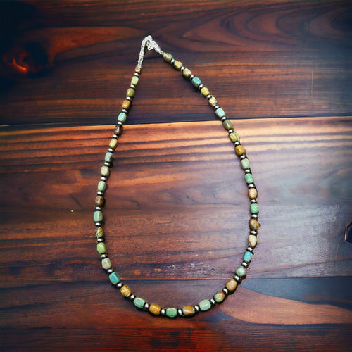 American Turquoise Necklace with 3 mm sterling silver pearls - 18 inch - Cowhide and Conchos