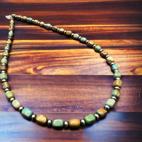 American Turquoise Necklace with 3 mm sterling silver pearls - 18 inch - Cowhide and Conchos