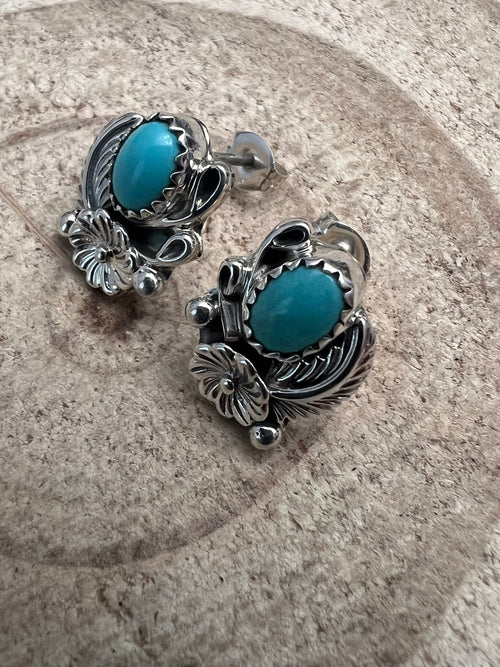 Annette Chiquit Navajo Handmade Sterling and Kingman Turquoise Post Earrings - Cowhide and Conchos