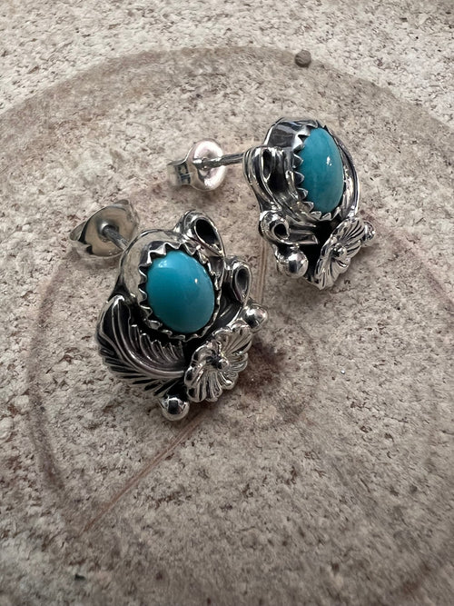 Annette Chiquit Navajo Handmade Sterling and Kingman Turquoise Post Earrings - Cowhide and Conchos