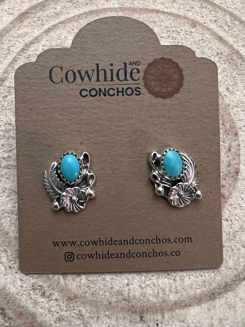 Annette Chiquit Navajo Handmade Sterling and Kingman Turquoise Post Earrings - Cowhide and Conchos