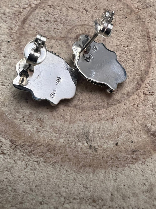 Annette Chiquit Navajo Handmade Sterling and Kingman Turquoise Post Earrings - Cowhide and Conchos