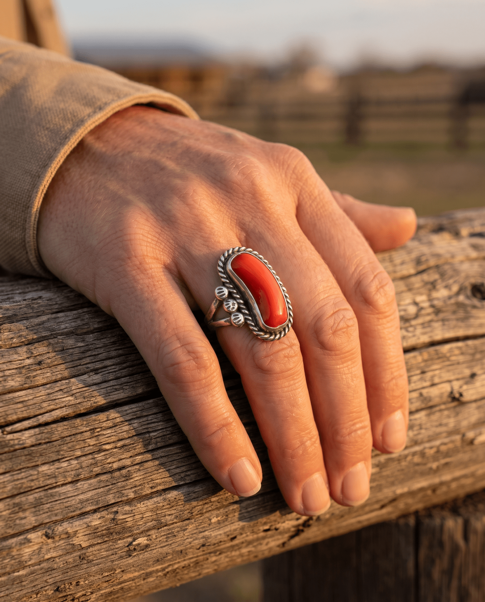 Annie Chapo Hand-Stamped Sterling Silver Coral Ring — Size 7 (Vintage Native American) - Cowhide and Conchos