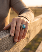 Annie Chapo Signed Vintage Navajo Sterling Turquoise Ring — Size 7 (Pyrite Matrix) - Cowhide and Conchos