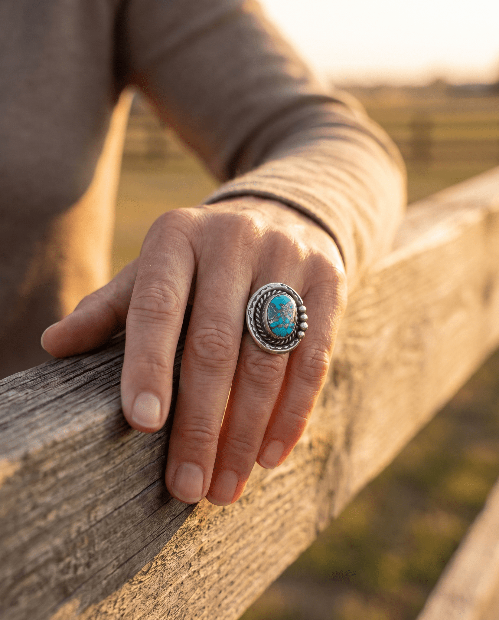 Annie Chapo Signed Vintage Navajo Sterling Turquoise Ring — Size 7 (Pyrite Matrix) - Cowhide and Conchos
