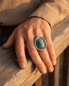 Annie Chapo Signed Vintage Navajo Sterling Turquoise Ring — Size 7 (Pyrite Matrix) - Cowhide and Conchos
