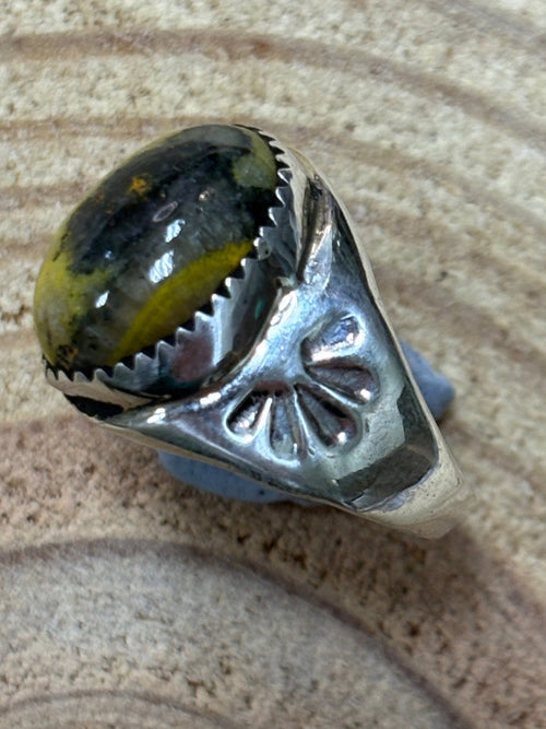 Annie Lincoln Navajo Handmade Sterling Silver & Bumblebee Jasper Ring - Size 9 - Cowhide and Conchos