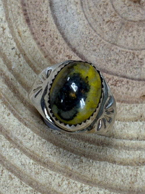 Annie Lincoln Navajo Handmade Sterling Silver & Bumblebee Jasper Ring - Size 9 - Cowhide and Conchos
