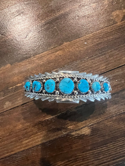 Anthony Brown Turquoise & Sterling Silver Bracelet - Cowhide and Conchos