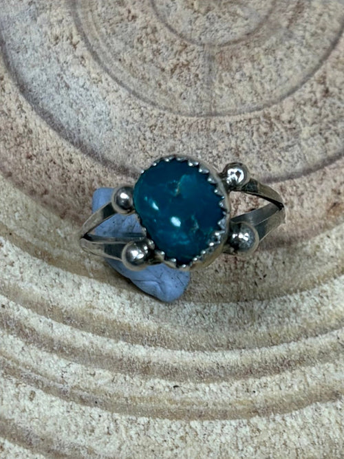 Antionette Martinez Navajo Handmade Sterling Silver & Kingman Turquoise Ring - Size 8 - Cowhide and Conchos