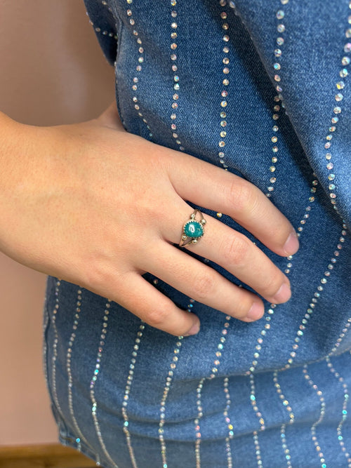 Antionette Martinez Navajo Handmade Sterling Silver & Kingman Turquoise Ring - Size 8 - Cowhide and Conchos