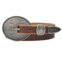 Antique Silver Buckle Vintage Skinny Leather Belt - Cowhide and Conchos
