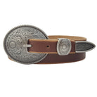 Antique Silver Buckle Vintage Skinny Leather Belt - Cowhide and Conchos