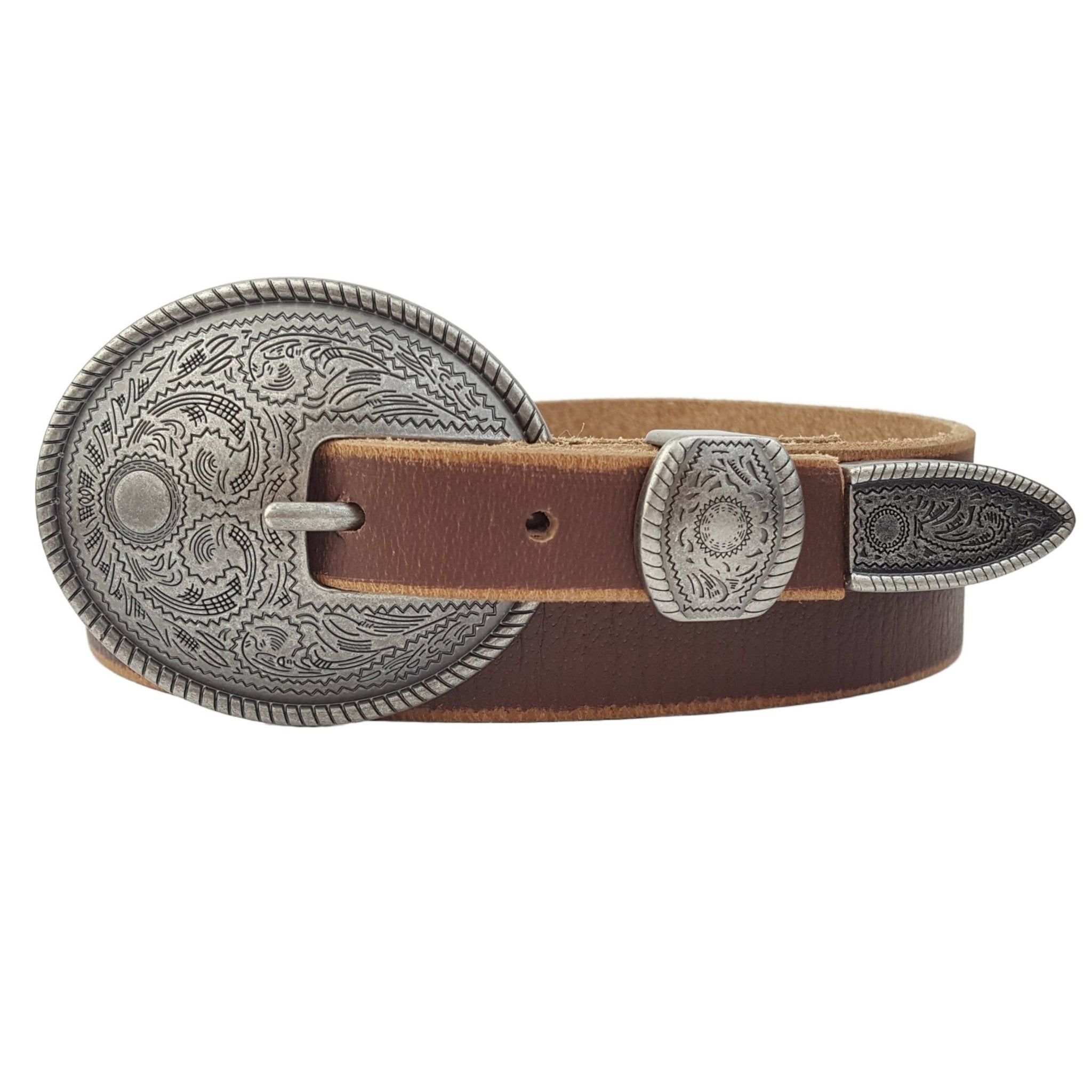 Antique Silver Buckle Vintage Skinny Leather Belt - Cowhide and Conchos