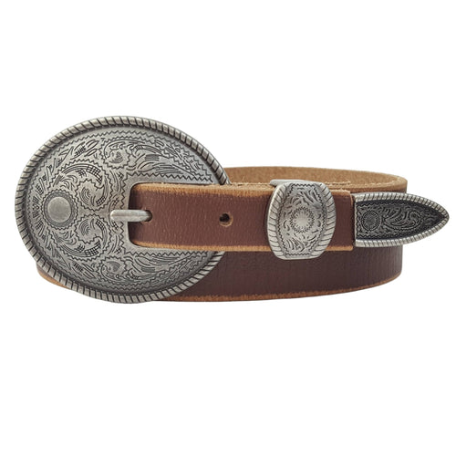 Antique Silver Buckle Vintage Skinny Leather Belt - Cowhide and Conchos