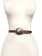 Antique Silver Buckle Vintage Skinny Leather Belt - Cowhide and Conchos