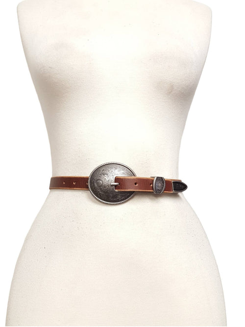 Antique Silver Buckle Vintage Skinny Leather Belt - Cowhide and Conchos