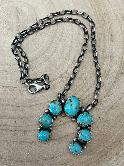 Augustine Largo Navajo Handmade Kingman Naja Necklace - 18 inch - Cowhide and Conchos