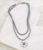 Crystal Flower on Faux Silver Pearl Necklace