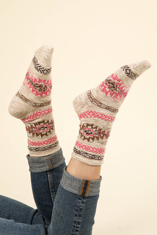 Aztec Graphic Cozy Crew Socks - Cowhide and Conchos