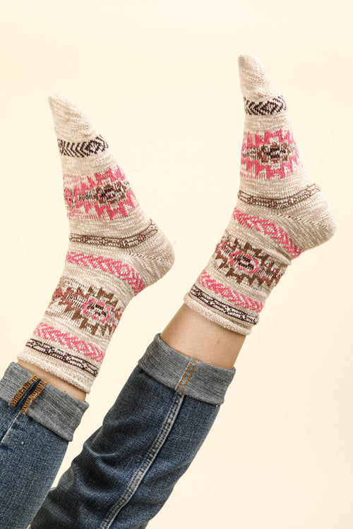 Aztec Graphic Cozy Crew Socks - Cowhide and Conchos